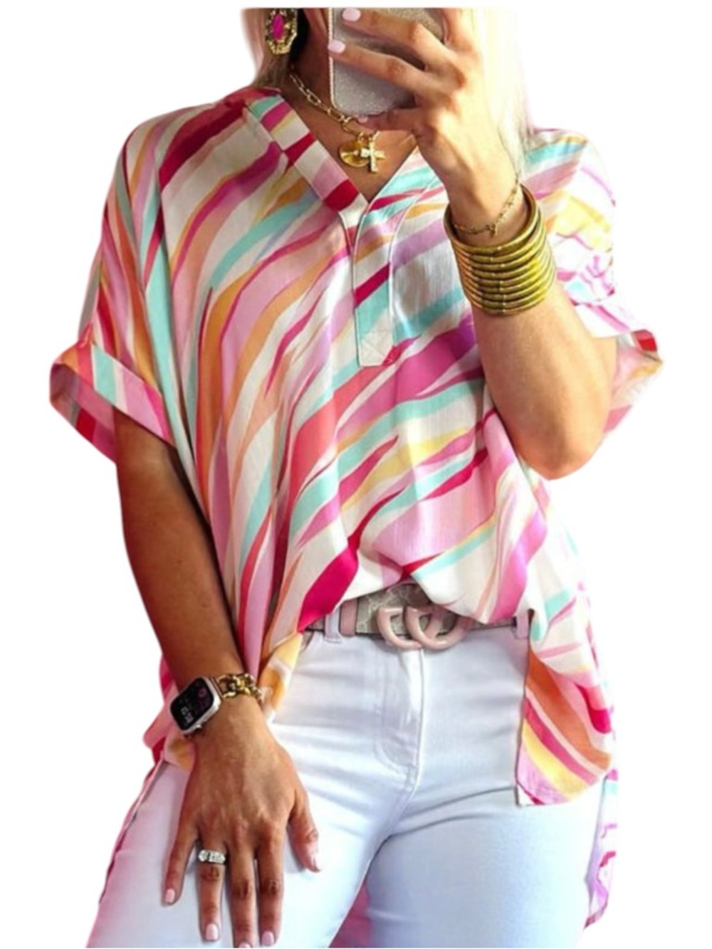 7007. Women's Multicolor Striped V-Neck Top